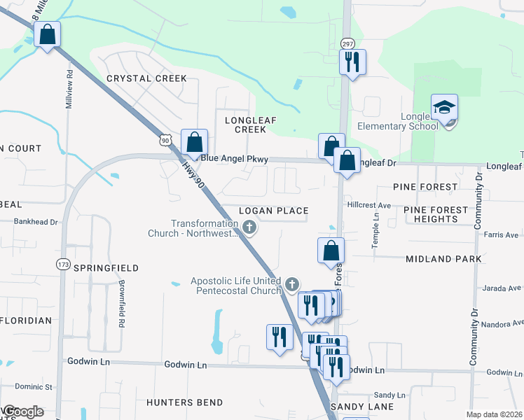 map of restaurants, bars, coffee shops, grocery stores, and more near 3452 Wasatch Range Loop in Pensacola