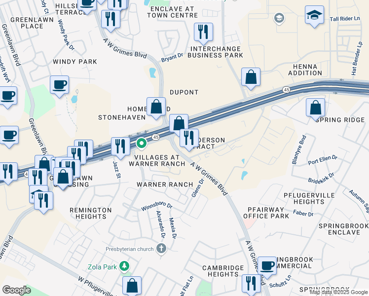 map of restaurants, bars, coffee shops, grocery stores, and more near 2361 South A.W. Grimes Boulevard in Round Rock