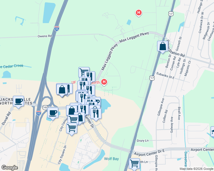 map of restaurants, bars, coffee shops, grocery stores, and more near 15255 Max Leggett Parkway in Jacksonville