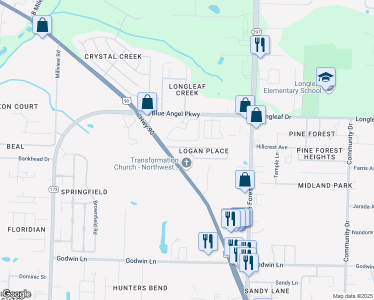 map of restaurants, bars, coffee shops, grocery stores, and more near 3455 Wasatch Range Loop in Pensacola
