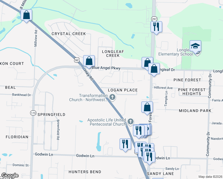 map of restaurants, bars, coffee shops, grocery stores, and more near 3461 Wasatch Range Loop in Pensacola