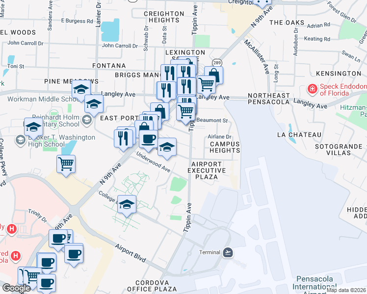 map of restaurants, bars, coffee shops, grocery stores, and more near 1080 Metzger Drive in Pensacola