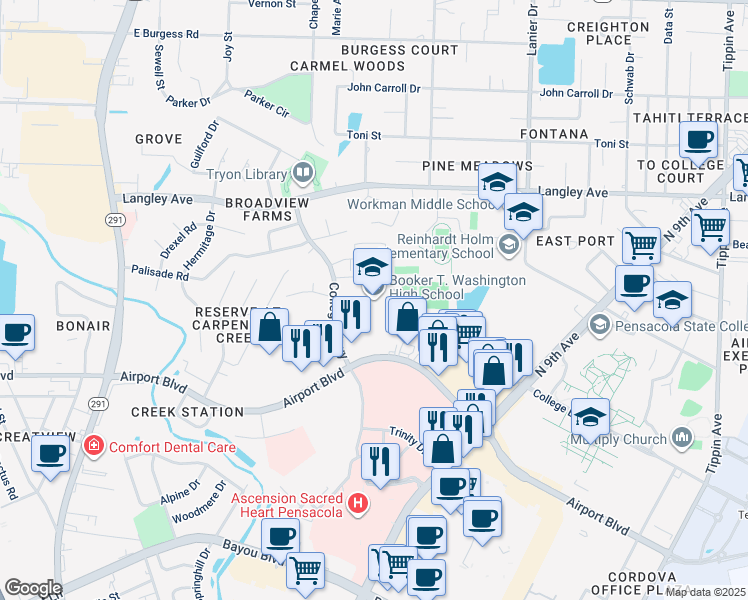 map of restaurants, bars, coffee shops, grocery stores, and more near 6000 College Parkway in Pensacola
