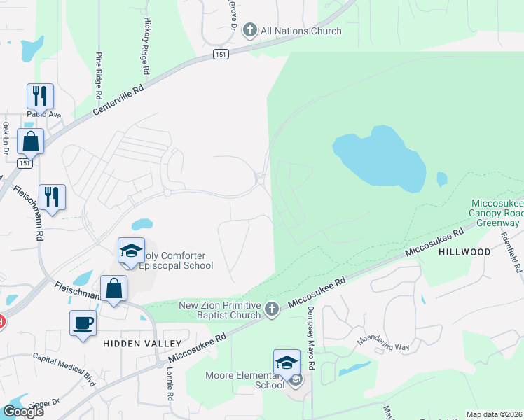 map of restaurants, bars, coffee shops, grocery stores, and more near Miccosukee Greenway in Tallahassee