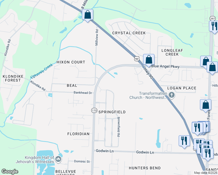 map of restaurants, bars, coffee shops, grocery stores, and more near 1209 Brownfield Road in Bellview