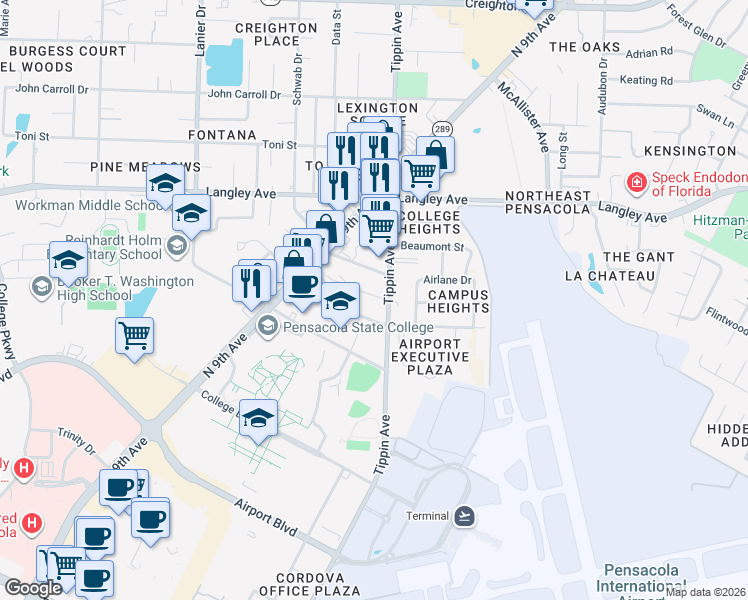 map of restaurants, bars, coffee shops, grocery stores, and more near 1080 Metzger Drive in Pensacola