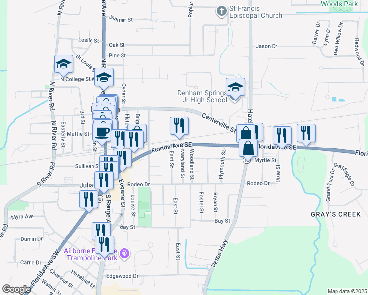 map of restaurants, bars, coffee shops, grocery stores, and more near 522 Florida Avenue Southeast in Denham Springs