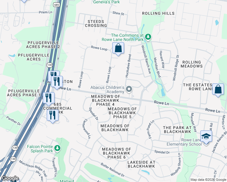 map of restaurants, bars, coffee shops, grocery stores, and more near 2156 Rowe Loop in Pflugerville