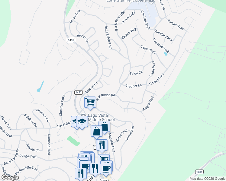 map of restaurants, bars, coffee shops, grocery stores, and more near 8304 Bar K Ranch Road in Lago Vista