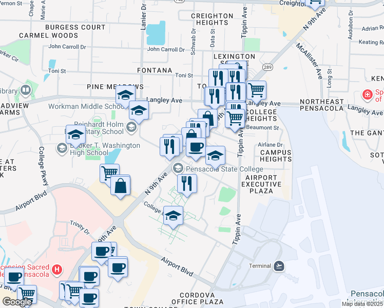 map of restaurants, bars, coffee shops, grocery stores, and more near 5904 North 9th Avenue in Pensacola