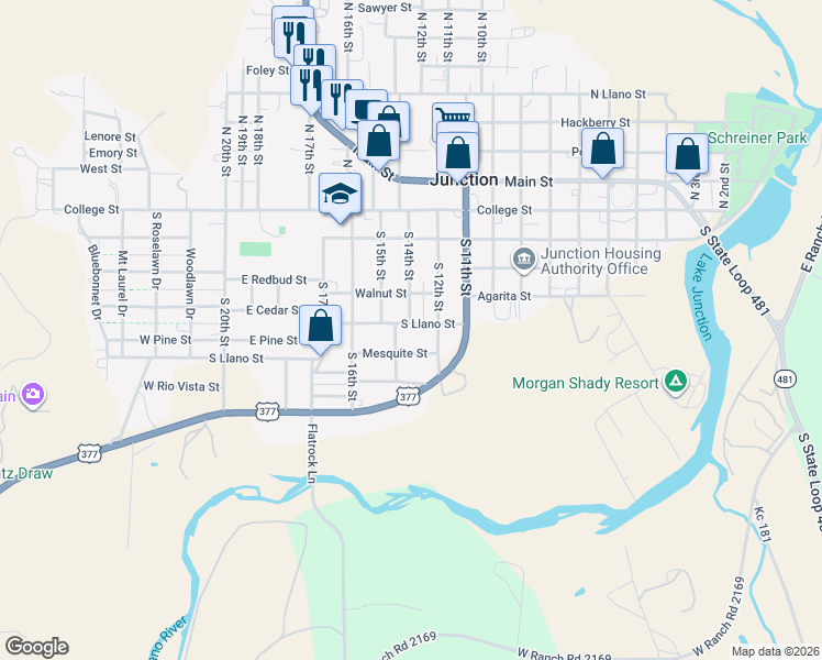 map of restaurants, bars, coffee shops, grocery stores, and more near 211 South Llano Street in Junction