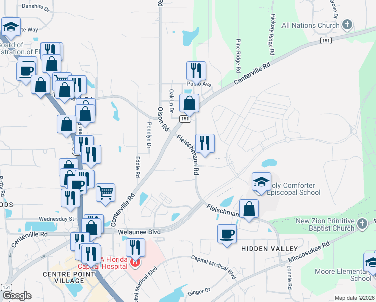 map of restaurants, bars, coffee shops, grocery stores, and more near 2176 Willie Gaphney Lane in Tallahassee