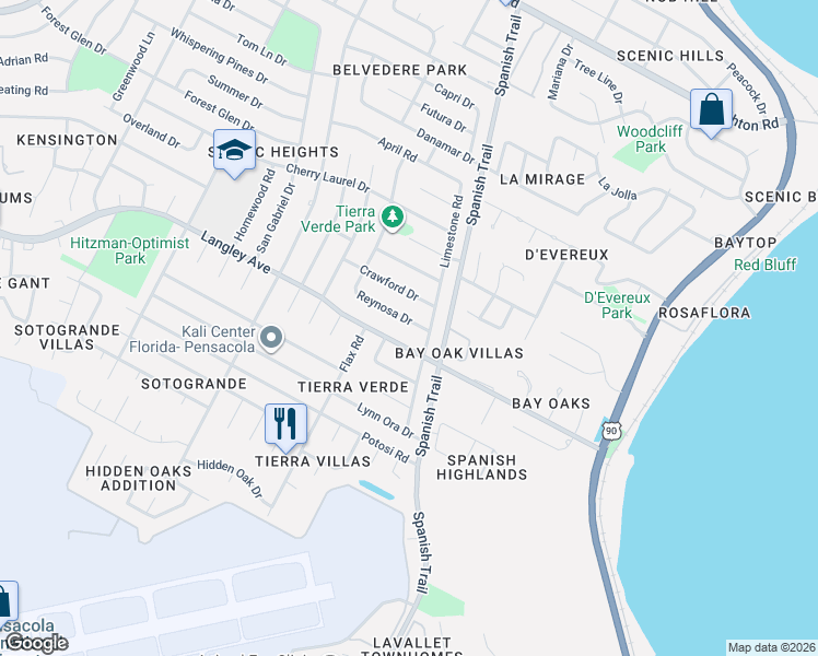 map of restaurants, bars, coffee shops, grocery stores, and more near 4251 Reynosa Drive in Pensacola