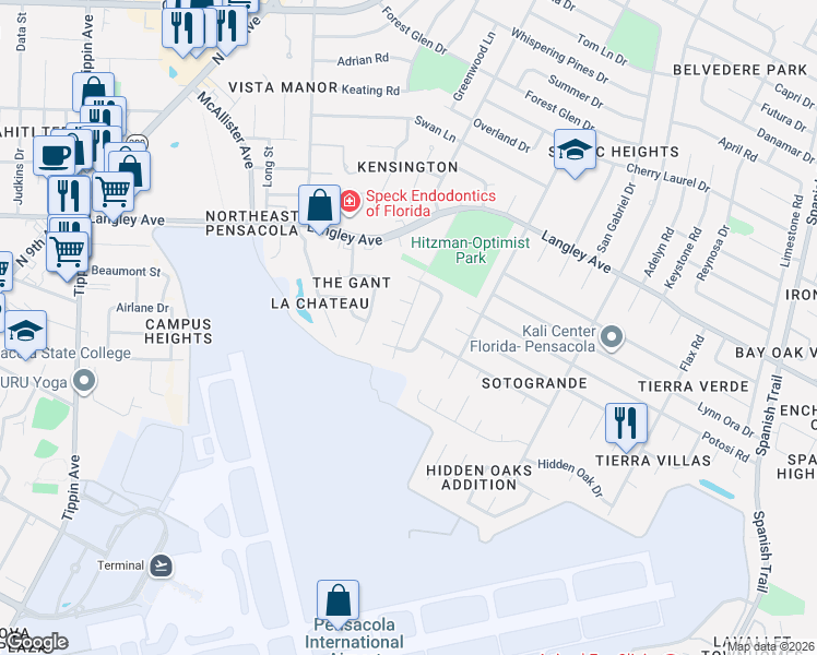 map of restaurants, bars, coffee shops, grocery stores, and more near 3520 Soto Grande Place in Pensacola