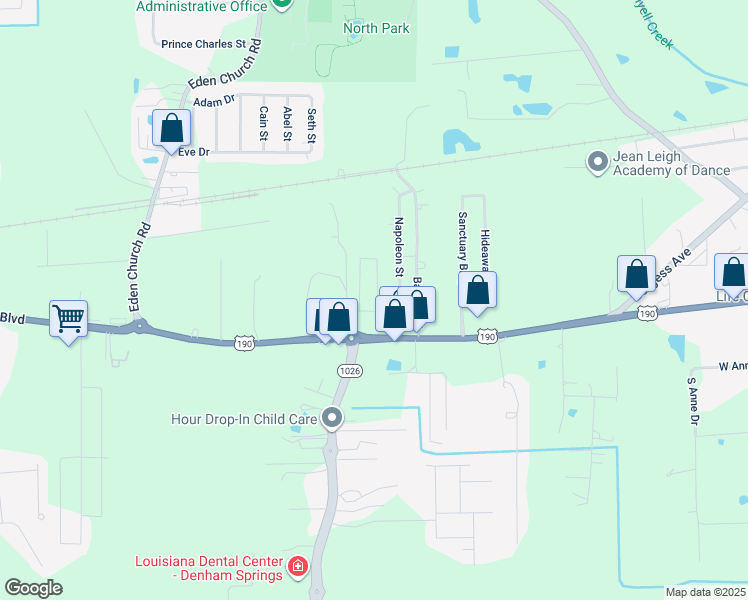 map of restaurants, bars, coffee shops, grocery stores, and more near 8449 Florida Boulevard in Denham Springs