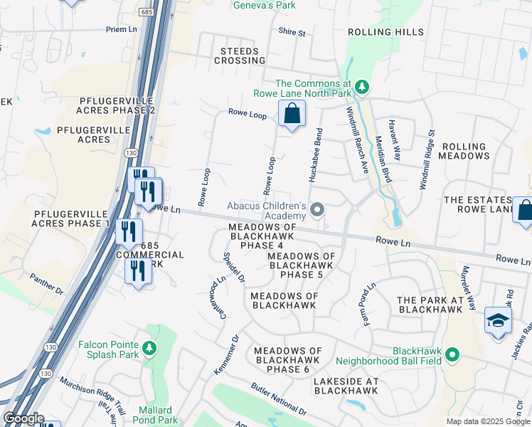map of restaurants, bars, coffee shops, grocery stores, and more near 2156 Rowe Loop in Pflugerville