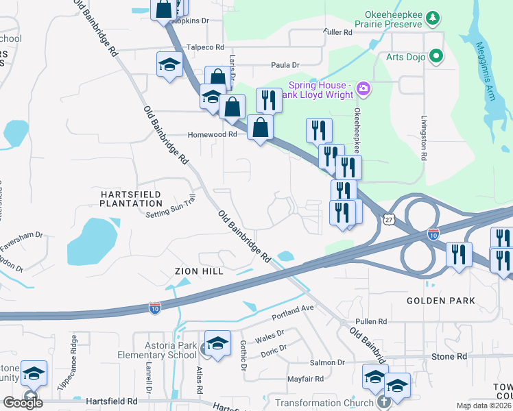 map of restaurants, bars, coffee shops, grocery stores, and more near 2677 Old Bainbridge Road in Tallahassee