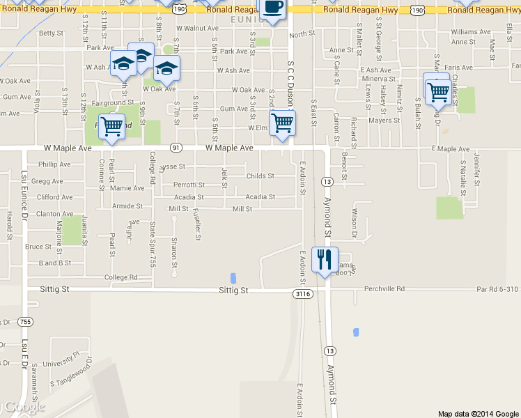 map of restaurants, bars, coffee shops, grocery stores, and more near 198 Mill St in Eunice