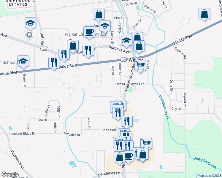 map of restaurants, bars, coffee shops, grocery stores, and more near 29537 Tulip Street in Walker