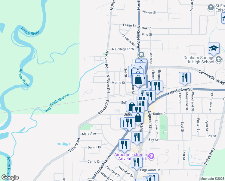 map of restaurants, bars, coffee shops, grocery stores, and more near 113 Easterly Street in Denham Springs
