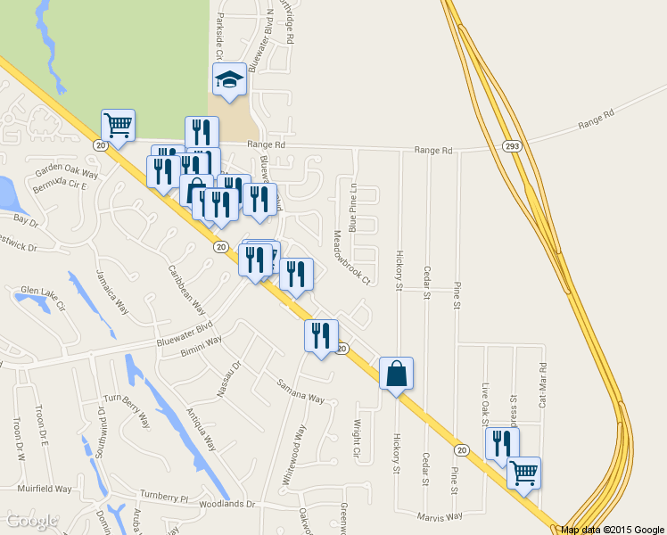 map of restaurants, bars, coffee shops, grocery stores, and more near 4479 Parkwood Square in Niceville