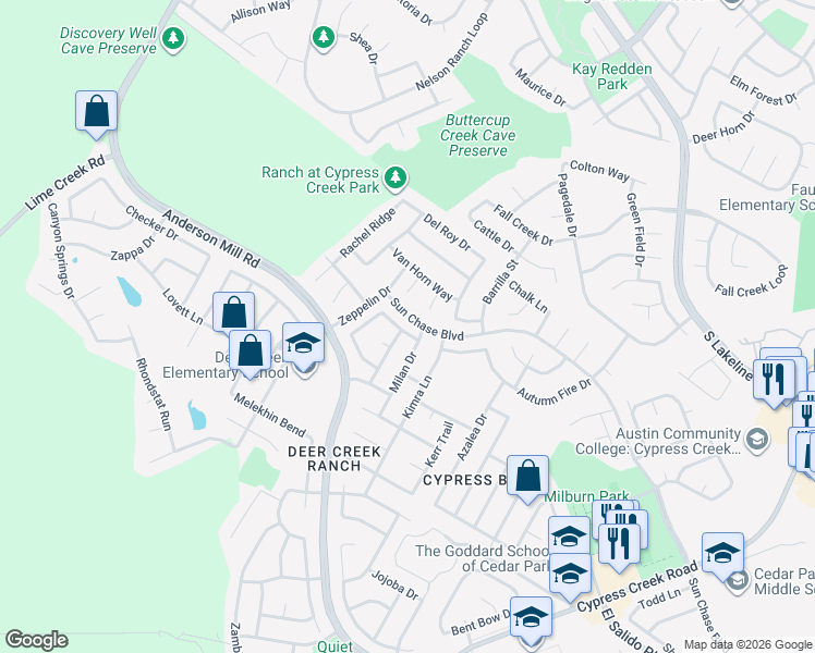 map of restaurants, bars, coffee shops, grocery stores, and more near 1206 Devil Ridge in Cedar Park