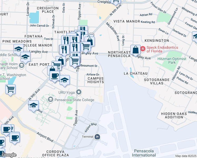 map of restaurants, bars, coffee shops, grocery stores, and more near 6101 Airlane Drive in Pensacola