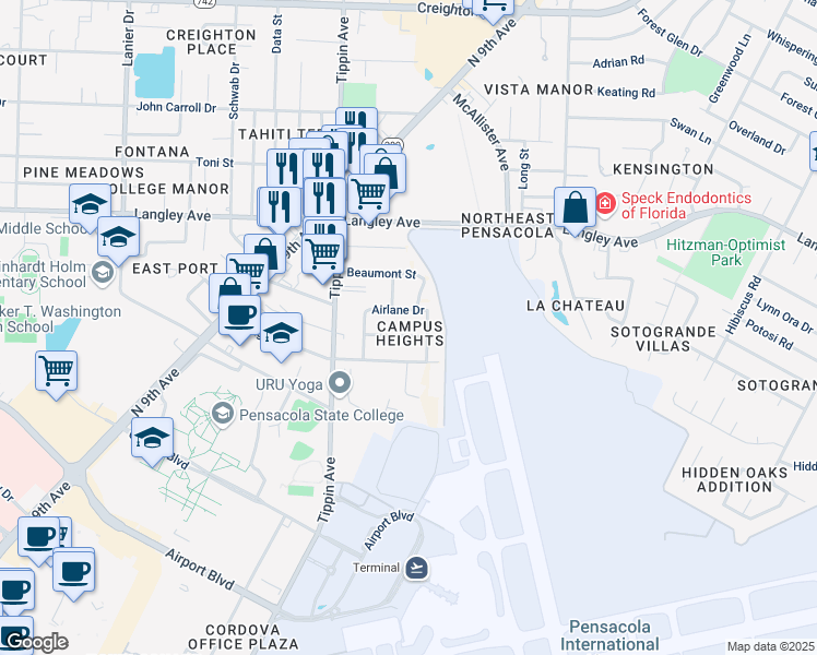 map of restaurants, bars, coffee shops, grocery stores, and more near 6101 Airlane Dr in Pensacola