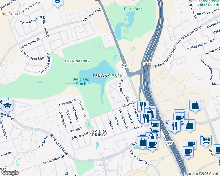 map of restaurants, bars, coffee shops, grocery stores, and more near 12600 Avery Ranch Boulevard in Cedar Park