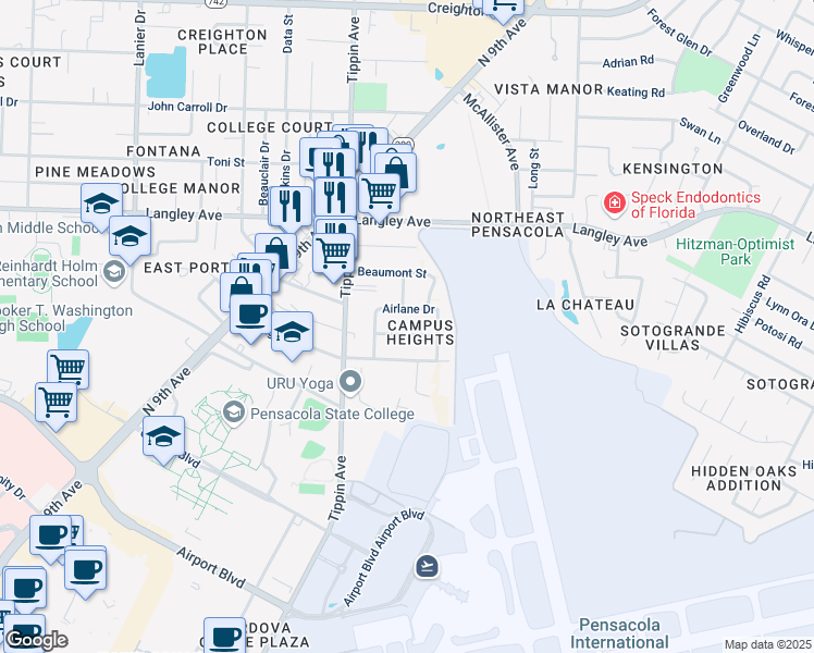 map of restaurants, bars, coffee shops, grocery stores, and more near 2588 Saint Anne Drive in Pensacola