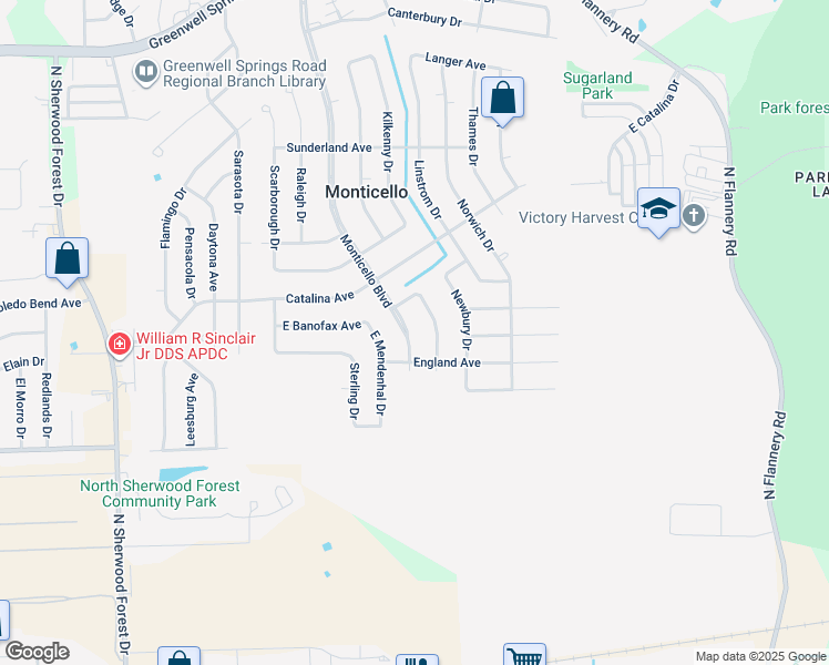 map of restaurants, bars, coffee shops, grocery stores, and more near 3552 Monticello Boulevard in Baton Rouge