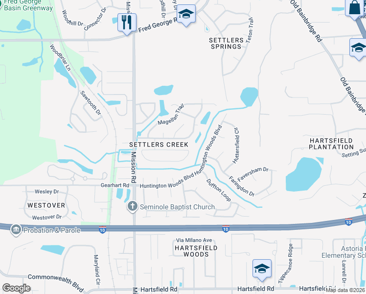 map of restaurants, bars, coffee shops, grocery stores, and more near 3076 North Fulmer Circle in Tallahassee
