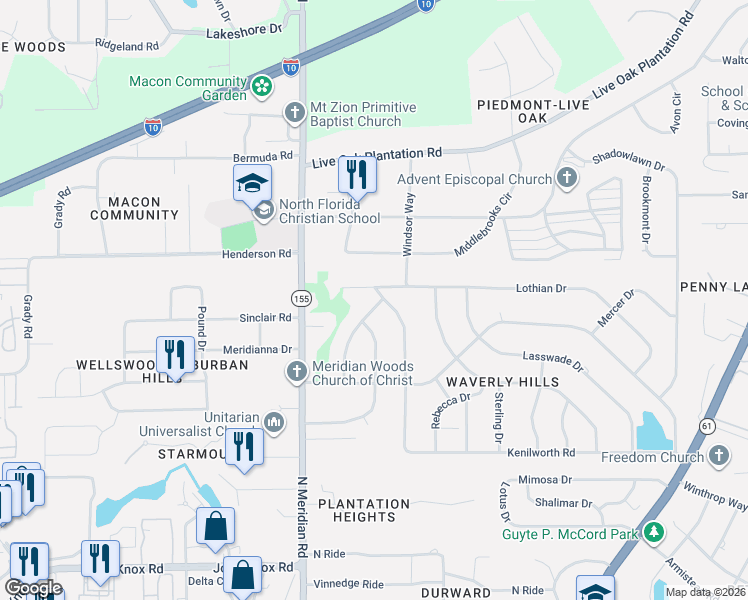 map of restaurants, bars, coffee shops, grocery stores, and more near 605 Lothian Drive in Tallahassee