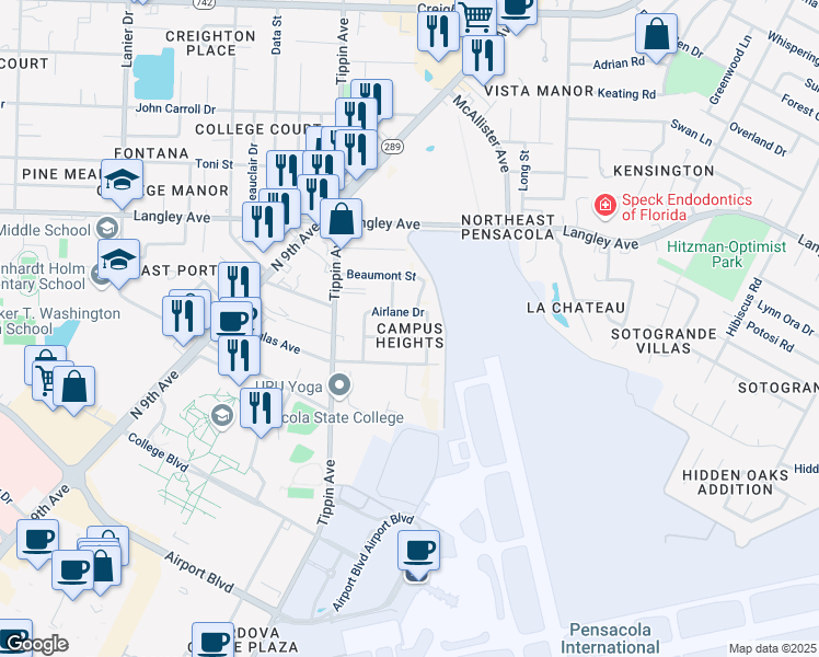 map of restaurants, bars, coffee shops, grocery stores, and more near 6101 Airlane Dr in Pensacola