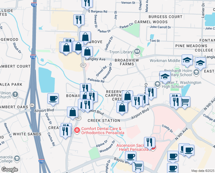 map of restaurants, bars, coffee shops, grocery stores, and more near 1005 Palisade Road in Pensacola