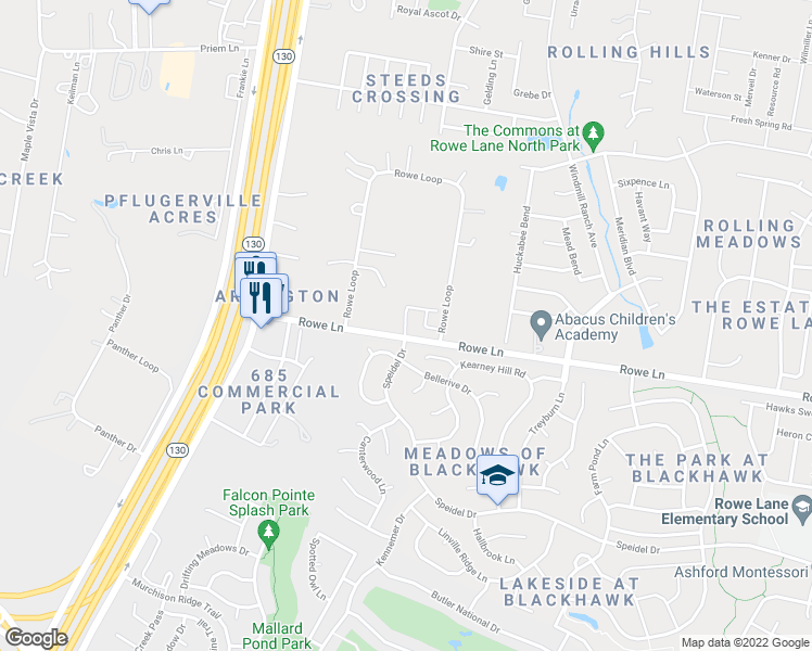 map of restaurants, bars, coffee shops, grocery stores, and more near 2141 Rowe Loop in Pflugerville