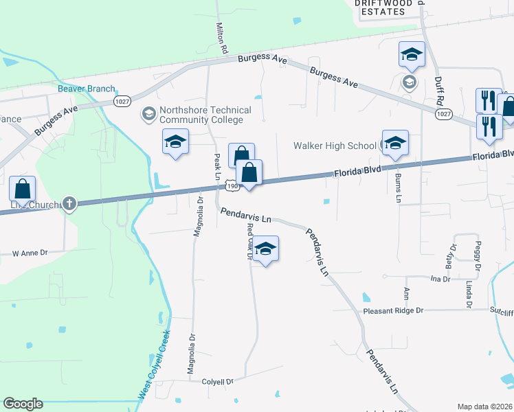 map of restaurants, bars, coffee shops, grocery stores, and more near 12097 Pendarvis Lane in Walker