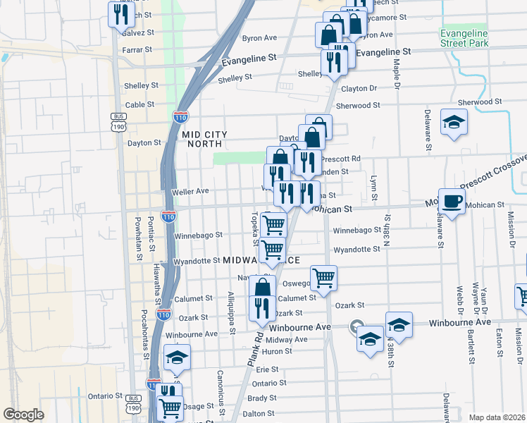 map of restaurants, bars, coffee shops, grocery stores, and more near 3884 Topeka Street in Baton Rouge