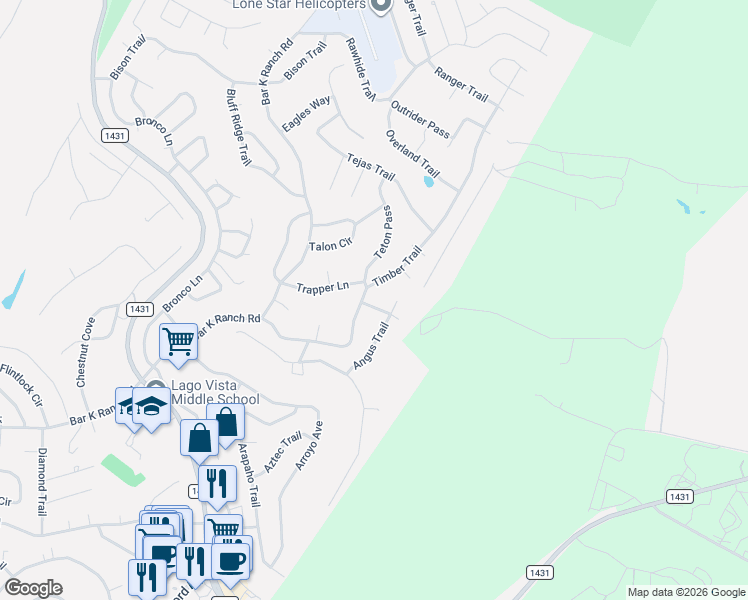 map of restaurants, bars, coffee shops, grocery stores, and more near 8410 Timber Trail in Lago Vista