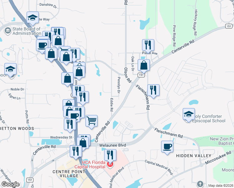 map of restaurants, bars, coffee shops, grocery stores, and more near 2454 Pennlyn Drive in Tallahassee
