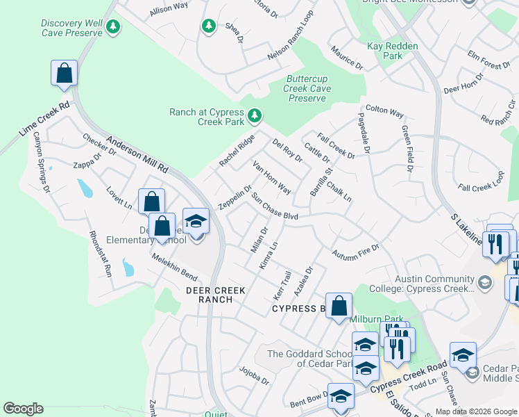 map of restaurants, bars, coffee shops, grocery stores, and more near 1206 Devil Ridge in Cedar Park