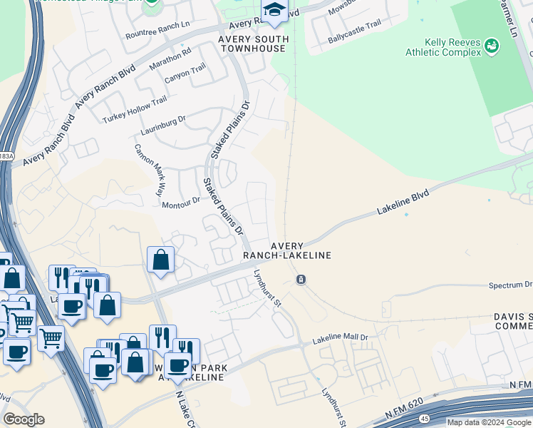 map of restaurants, bars, coffee shops, grocery stores, and more near Camp Comfort Lane in Austin