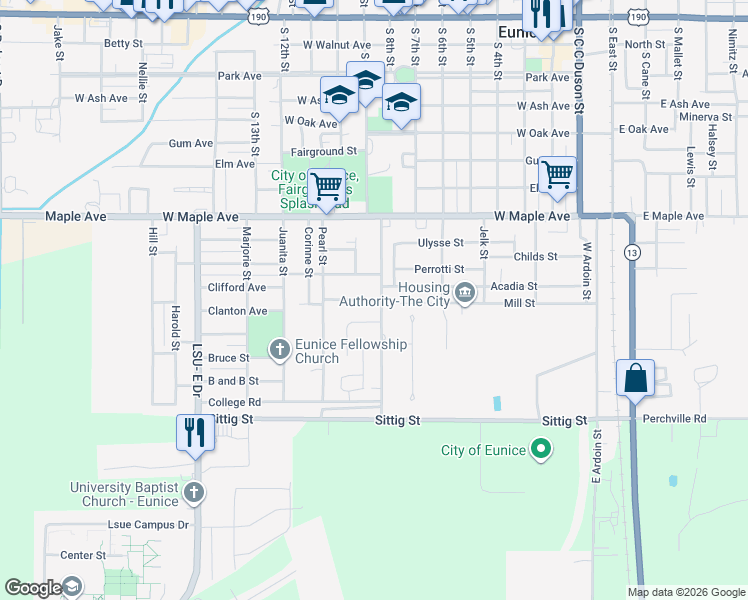 map of restaurants, bars, coffee shops, grocery stores, and more near 108 Armide Street in Eunice
