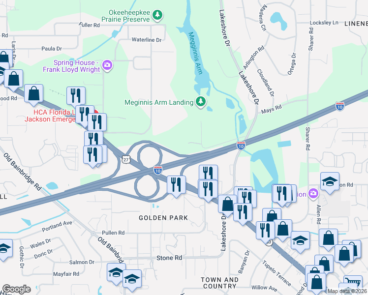 map of restaurants, bars, coffee shops, grocery stores, and more near 900 Meginnis Lane in Tallahassee