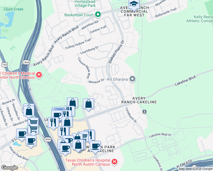 map of restaurants, bars, coffee shops, grocery stores, and more near 11021 Avery Station Loop in Austin