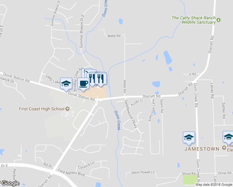 map of restaurants, bars, coffee shops, grocery stores, and more near 1017 Starratt Road in Jacksonville