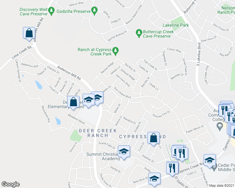 map of restaurants, bars, coffee shops, grocery stores, and more near 1302 Devil Ridge in Cedar Park