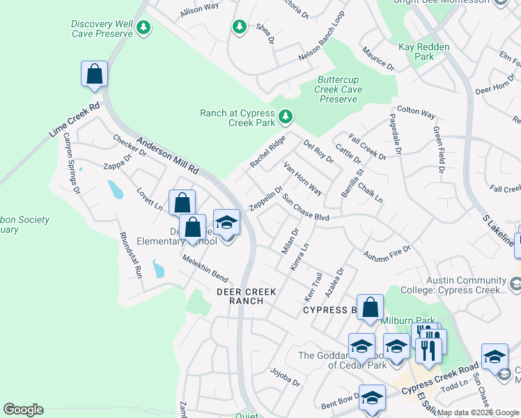 map of restaurants, bars, coffee shops, grocery stores, and more near 2213 Little Tree Bend in Cedar Park