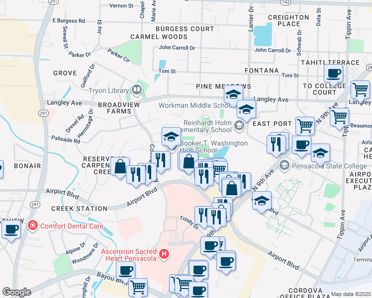 map of restaurants, bars, coffee shops, grocery stores, and more near 6000 College Parkway in Pensacola