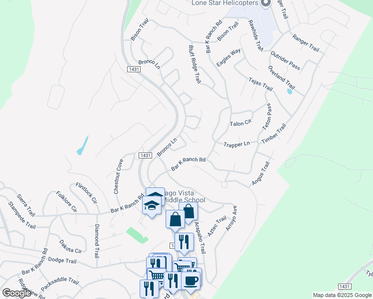 map of restaurants, bars, coffee shops, grocery stores, and more near 8315 Bramble Bush Cir in Lago Vista